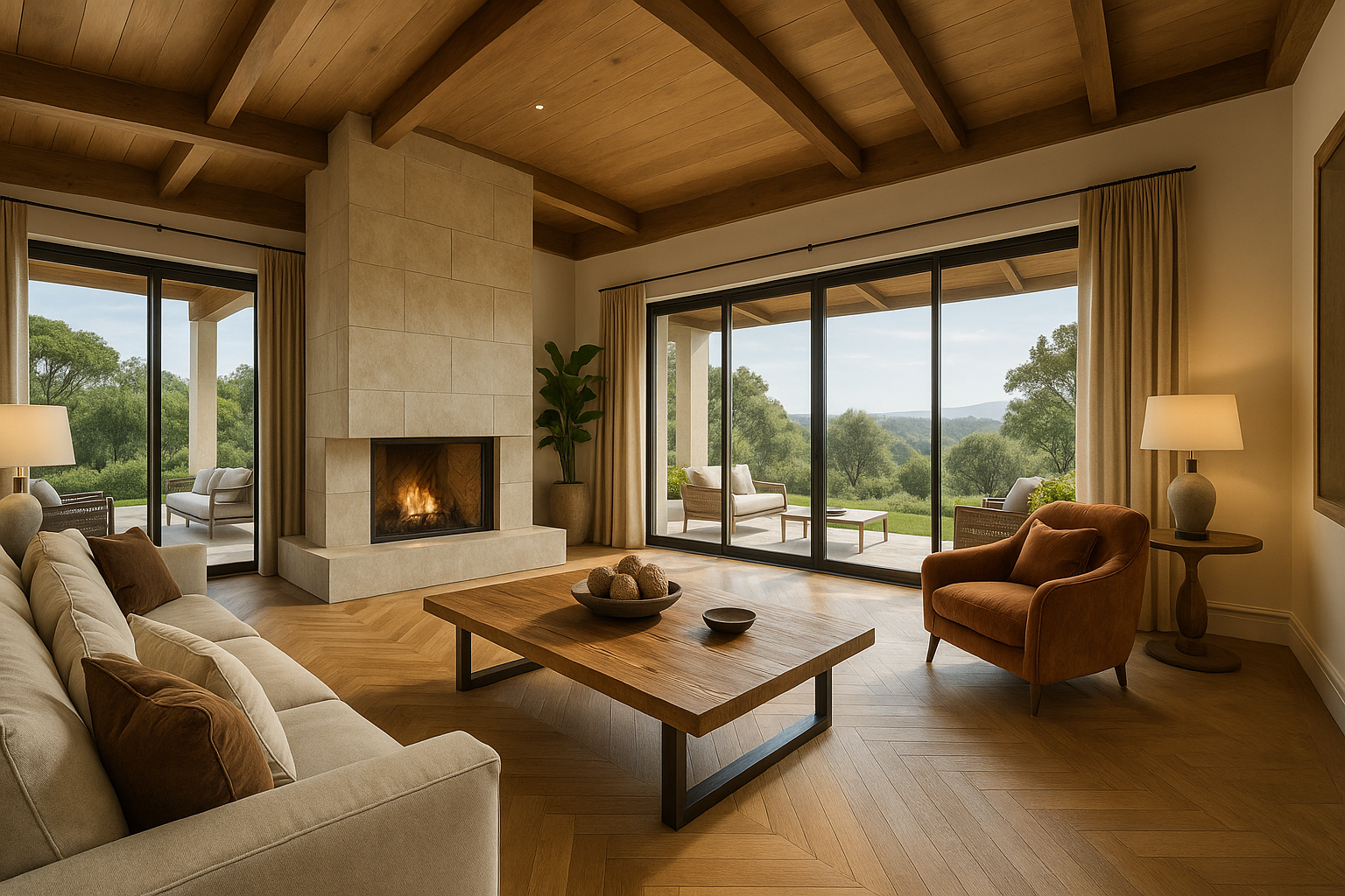 広々としたリビングルームと自然の景色