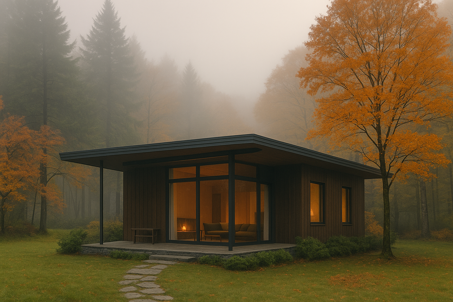 秋の霧に包まれた小屋